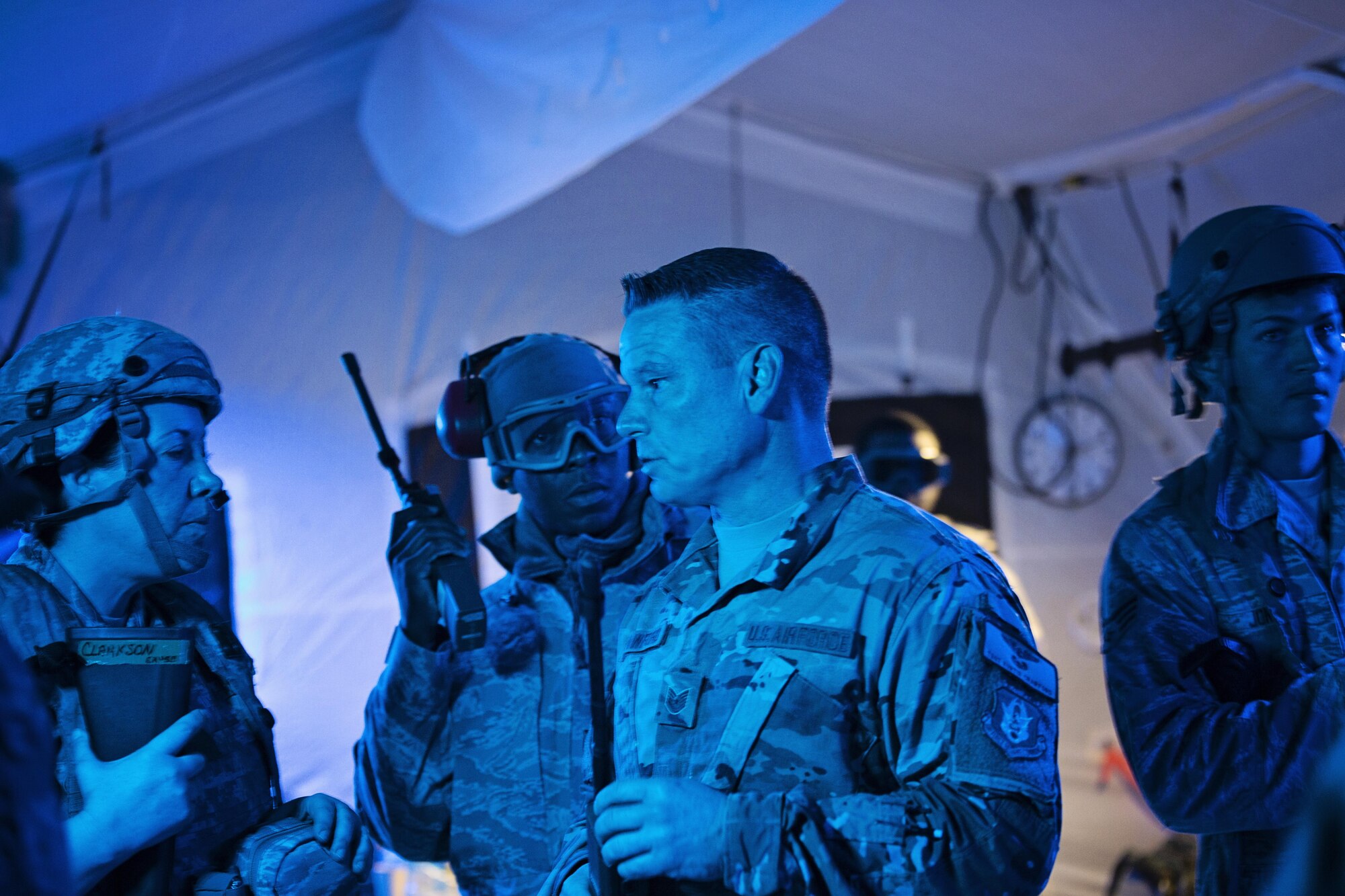 Reservists from the 512th Airlift Wing located at Dover Air Force Base, Del., conduct airfield training and provide support to Army units who were training at the Joint Readiness Training Center, Fort Polk, Louisiana, Feb. 15, 2017. (U.S. Air Force photo/Capt. Bernie Kale)