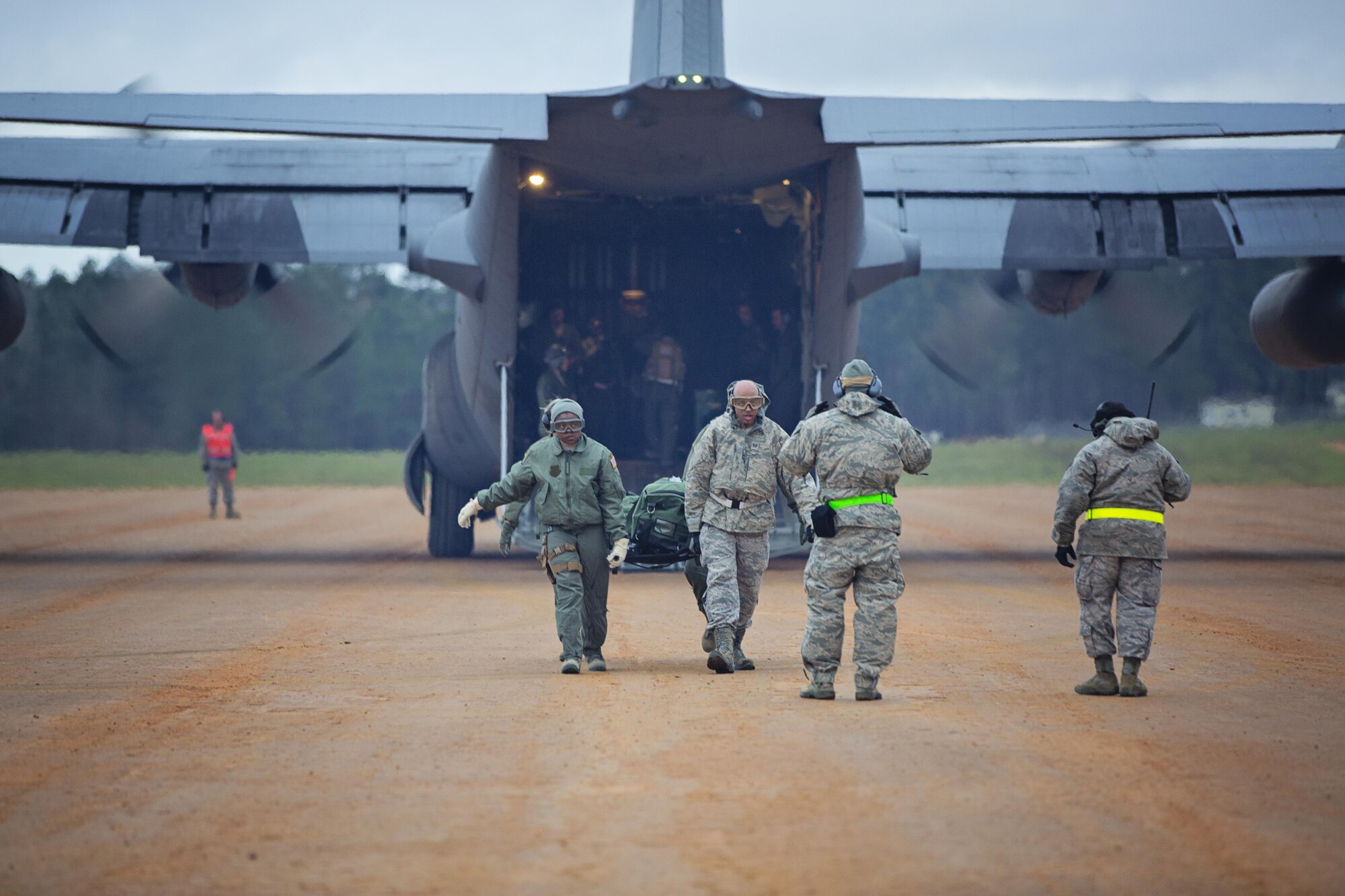 Reservists from the 512th Airlift Wing located at Dover Air Force Base, Del., conducted airfield training and provided support to Army units who were training at the Joint Readiness Training Center, Fort Polk, Louisiana, Feb. 15. 2017. (U.S. Air Force photo/Capt. Bernie Kale)