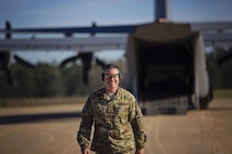 Tech. Sgt. Kurtis Crawford, loadmaster, 512th Airlift Control Flight, leaves the flight line after assisting with the loading of an aircraft at the Joint Readiness Training Center, Fort Polk, Louisiana, Feb. 15. 2017. Crawford joined Airmen from the 512th Airlift Wing located at Dover Air Force Base, Del., to conduct airfield training and provide support to Army units who were training at the JRTC area. (U.S. Air Force photo/Capt. Bernie Kale)