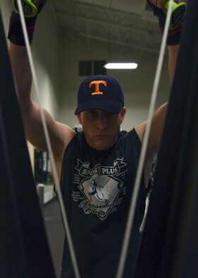 U.S. Air Force Senior Airman Brent Osborne, 19th Logistics Readiness Squadron material management technician, uses a ski ergometer, Feb. 2, 2017, at the Fitness Center on Little Rock Air Force Base, Ark. The ski ergometer is an alternative to a rowing machine and is part of a new adaptive fitness area at the gym. (U.S. Air Force photo by Senior Airman Mercedes Taylor)