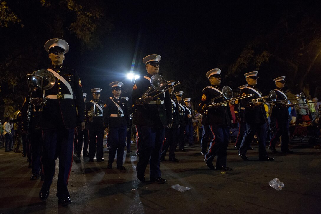 Marines with Marine Corps Band New Orleans march in the Knights of Chaos parade during Mardi Gras in New Orleans, Feb. 23, 2017. The band participated in numerous parades to promote the Marine Corps and support the New Orleans community. (U.S. Marine Corps photo by Lance Cpl. Dallas Johnson)