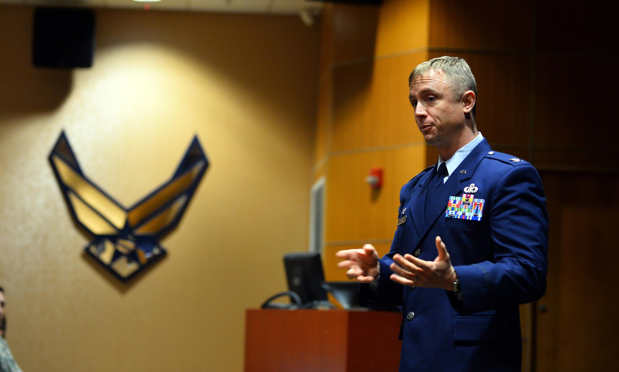 Col. Jason E. Patla, 2d Weather Group commander, speaks to guests at the formal 2d Weather Support Squadron activation ceremony held at the 557th Weather Wing Headquarters, Neb., Feb. 17, 2017. The newly-formed squadron will align under the 2d WXG. (U.S. Air Force photo by Josh Plueger)
