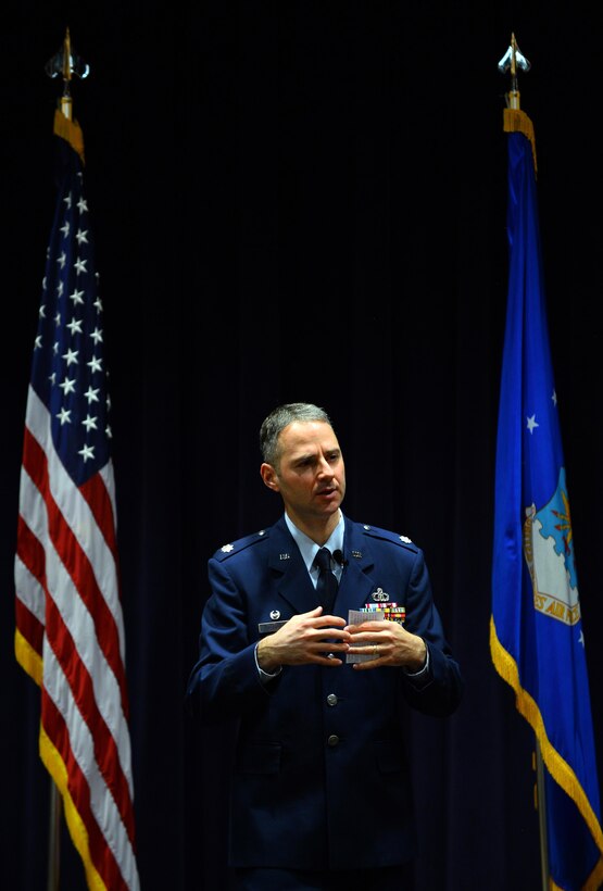 Lt. Col. Hugh J. Freestrom, 2d Weather Support Squadron commander, provides remarks following his assumption of command at the 557th Weather Wing headquarters, Neb., Feb. 17, 2017. Freestrom is the first commander of the 2d WSS as it was activated from a Detachment 1 to a squadron. (U.S. Air Force photo by Josh Plueger)