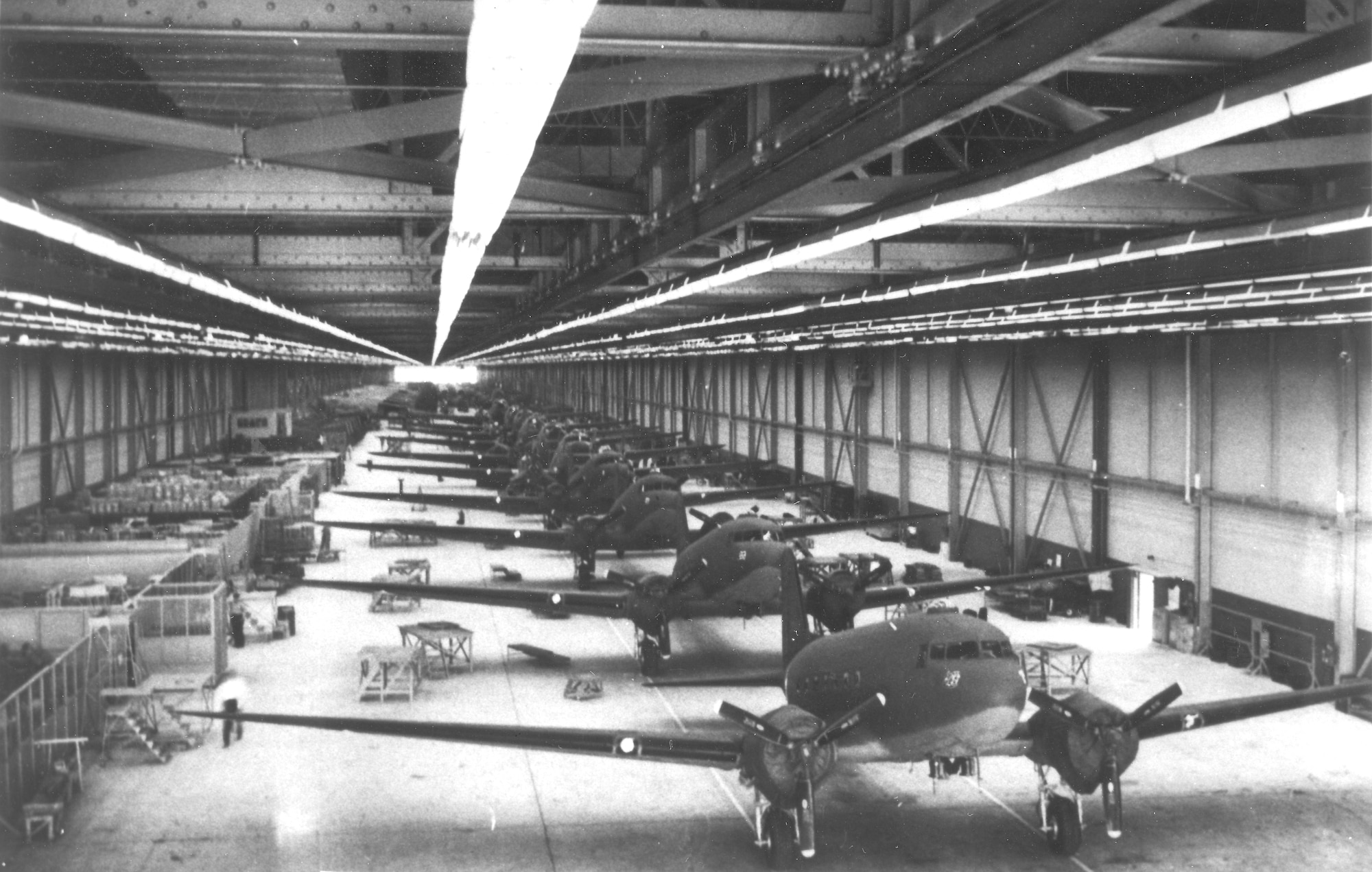 C-47 line in OKC Douglas Plant, Bldg. 3001 in 1943. (Photo courtesy of Tinker History Office)