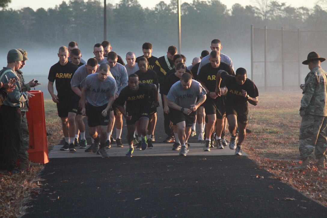 Army Reserve Soldiers from the 310th Sustainment Command (Expeditionary), headquartered in Indianapolis, Ind., and the 3rd Transportation Brigade (Expeditionary), headquartered in Fort Belvoir, Va., begin the two-mile run portion of the Army Physical Fitness Test while competing in this year's 310th ESC Best Warrior Competition, held at Ft. A.P. Hill, Va., Feb. 23 - 28.  The annual six day competition tests enlisted Soldiers and noncommissioned officers in their ability to perform Army Warrior tasks in a variety of events leading to the 377th Theater Support Command's BWC, which is a feed to the U.S. Army Reserve Command Best Warrior.