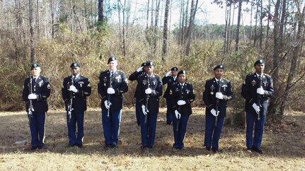 U.S. Army Reserve Soldiers, Staff Sgt. Ariel DeLeon, front row, left, Sgt. Abe Aste, both with the 412th Theater Engineer Command (TEC), Staff Sgt. Gregory P. Fancy II, with the 365th Combat Support Sustainment Battalion (CSSB), 321st Sustainment Brigade, 143rd Expeditionary Sustainment Command, 377th Theater Sustainment Command, Pfc Jessie Sandifer, Sgt. 1st Class Laverne Cohill, Staff Sgt. Christian Hughes and Sgt. Brandon Shaw, all with the 412th Theater Engineer Command; and back row, left, Sgt 1st Class Corey Abel, 412th TEC and Sgt. 1st Class Anita Johnson, 365th CSSB, present arms during a Military Funeral Honors mission at Enon Baptist Church in Philadelphia, Miss., Jan. 21, 2017.