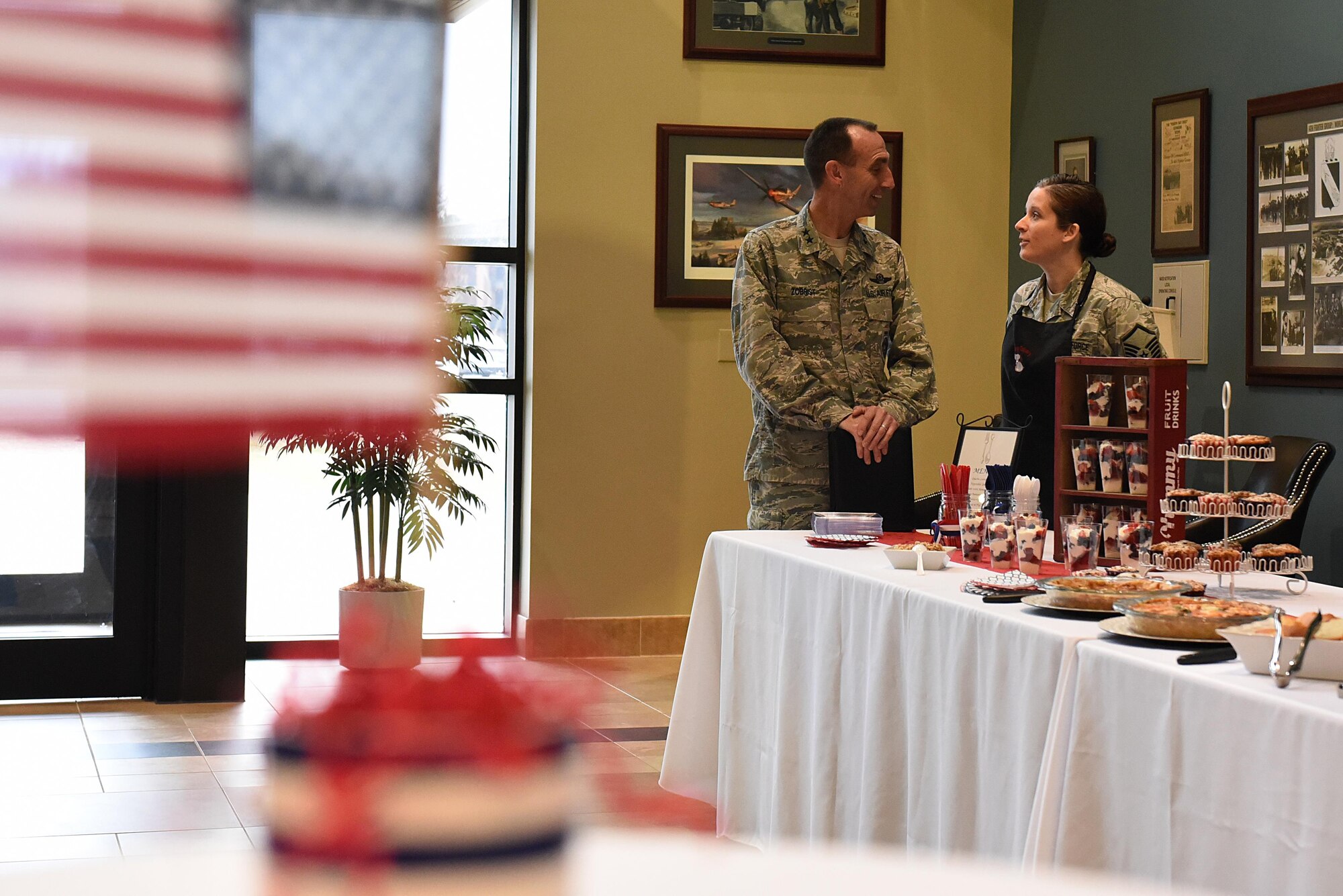 U.S. Air Force Maj. Gen. Scott Zobrist (left), 9th Air Force commander, talks with Master Sgt. Katie Neeley, 4th Aerospace Medicine Squadron superintendent, at Seymour Johnson Air Force Base, N.C., Feb. 15, 2017. Neeley and other members of the Make It Better culinary club showcased their cooking skills by preparing breakfast for Zobrist and approximately 20 other wing leaders and their spouses during his visit. (U.S. Air Force photo by Airman 1st Class Kenneth Boyton)