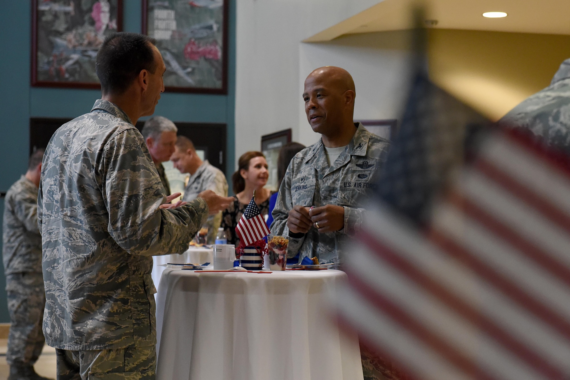 U.S. Air Force Maj. Gen. Scott Zobrist (left), 9th Air Force commander, speaks with Col. Eric Jenkins, 916th Air Refueling Wing commander at Seymour Johnson Air Force Base, N.C., Feb. 15, 2017. Zobrist met with multiple members of Team Seymour during his visit to base. (U.S. Air Force photo by Airman 1st Class Kenneth Boyton)