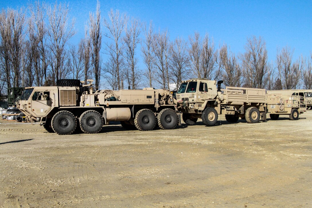 Soldiers conduct motor pool operations after receiving equipment at Mihail Kogaliniceanu Air Base, Romania, Feb. 17, 2017. Army photo by Spc. Devone Collins