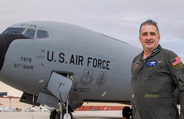 Master Sgt. Robert Self, a 370th Flight Test Squadron KC-135 tanker flight engineer, stands tall following his final flight Jan. 18, 2017. Self is retiring in March from 34-and-a-half years of service in the military. (U.S. Air Force photo/Christopher Higgins)