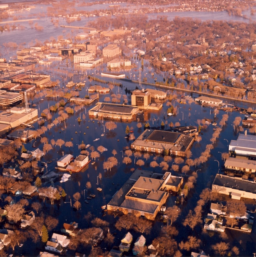 Aerial photo of downtown Grand Forks, North Dakota/East Grand Forks, Minnesota, taken April 20, 1997, after the cities were inundated. --USACE St. Paul District file photo
