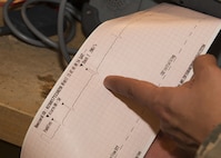 Staff Sgt. Andres Guevara, 5th Medical Support Squadron biomedical equipment craftsman, reads the results of a defibrillator test at the 5th Medical Group clinic at Minot Air Force Base, N.D., Feb. 8, 2017. The defibrillator checks the heart rhythm of a patient for abnormal beats-per-minute and applies electric shock if needed. (U.S. Air Force photo/Airman 1st Class Alyssa M. Akers)