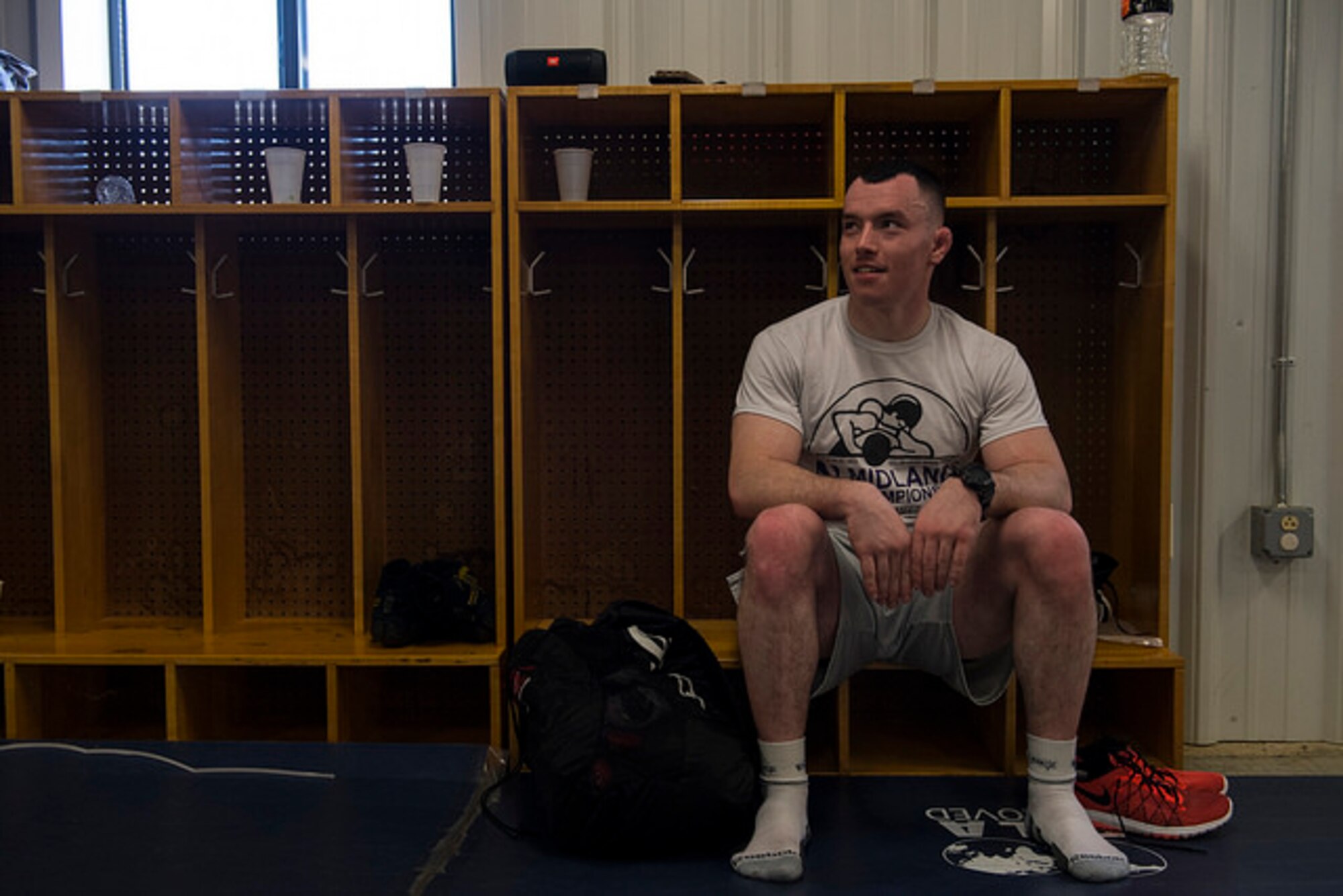 Airman 1st Class Tyler Westlund, 88th Air Base Wing military personnel section technician, relaxes after wrestling practice, Jan. 13 on Joint Base McGuire-Dix-Lakehurst, N.J. Westlund is on the Air Force Wrestling team who holds its camp at the Joint Base every year.