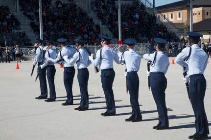 Members of the 17th Training Wing drill team from Goodfellow Air Force Base, Texas, perform during the freestyle round of the 37th Training Wing Drill Down Invitational at the Pfingston Reception Center at Joint Base San Antonio-Lackland, Texas, Feb. 25, 2017. The 17th TRW mission today is to train, develop and inspire exceptional intelligence, surveillance and reconnaissance and fire protection professionals for America and Her Allies.