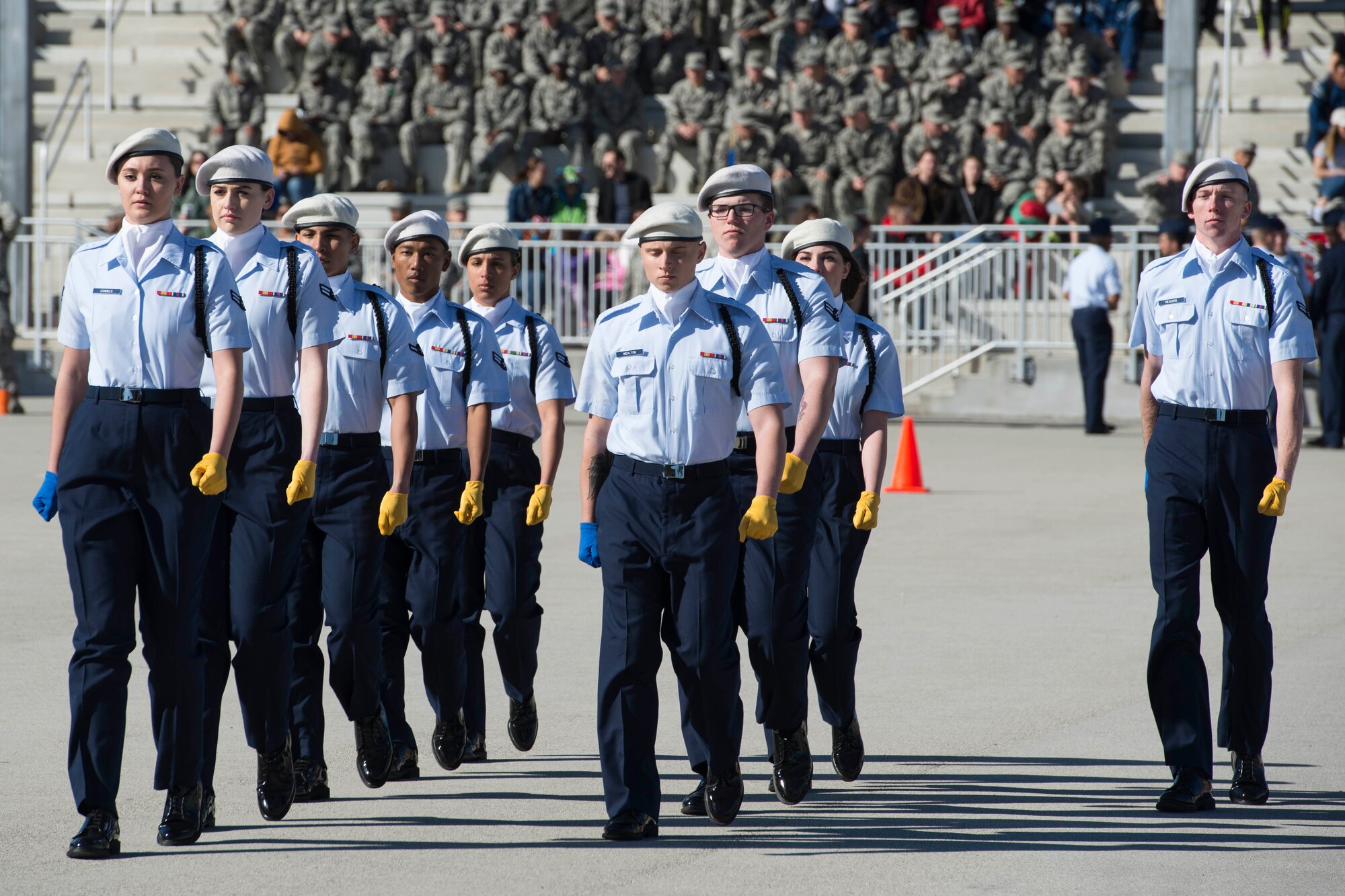 Members of the 59th Training Group drill team perform drill movements in the regulation round of the 37th Training Wing Drill Down Invitational at the Pfingston Reception Center at Joint Base San Antonio-Lackland, Texas, Feb. 25, 2017. The 59th TRG took first place for the second consecutive year in the competition. 