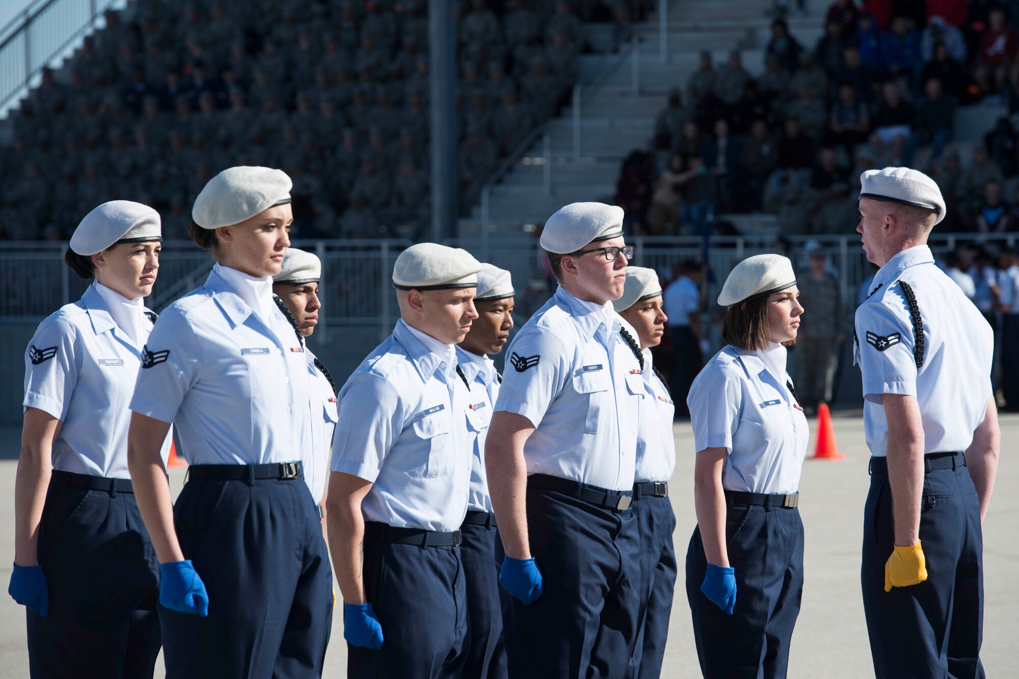 Members of the 59th Training Group drill team perform drill movements in the regulation round of the 37th Training Wing Drill Down Invitational at the Pfingston Reception Center at Joint Base San Antonio-Lackland, Texas, Feb. 25, 2017. The 59th TRG won first place in the competition that included five teams of Airmen in technical training. The 37th TRW commander was the host of the event, which was created to display Airmen’s military drill and ceremony procedures and creativity and promote esprit de corps and morale. 