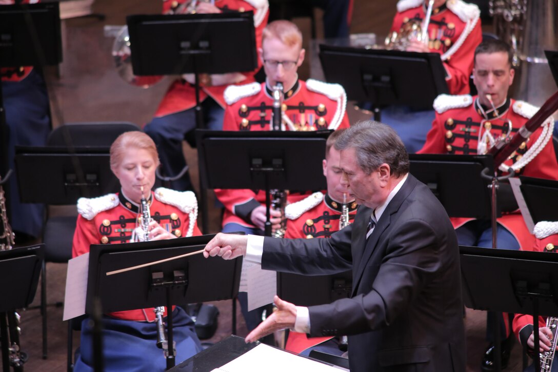 Guest conductor, composer, and former music director of the Seattle Symphony Gerard Schwarz conducted the Marine Band in a concert titled “Cornerstones” on Sunday, Feb. 26. The program celebrated some of the cornerstones of the band repertoire created over the past century. (U.S. Marine Corps photo by Gunnery Sgt. Rachel Ghadiali/released) 