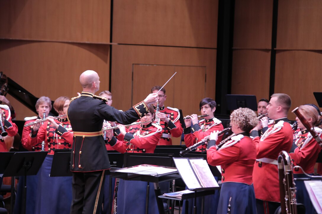 Guest conductor, composer, and former music director of the Seattle Symphony Gerard Schwarz conducted the Marine Band in a concert titled “Cornerstones” on Sunday, Feb. 26. The program celebrated some of the cornerstones of the band repertoire created over the past century. (U.S. Marine Corps photo by Gunnery Sgt. Rachel Ghadiali/released) 