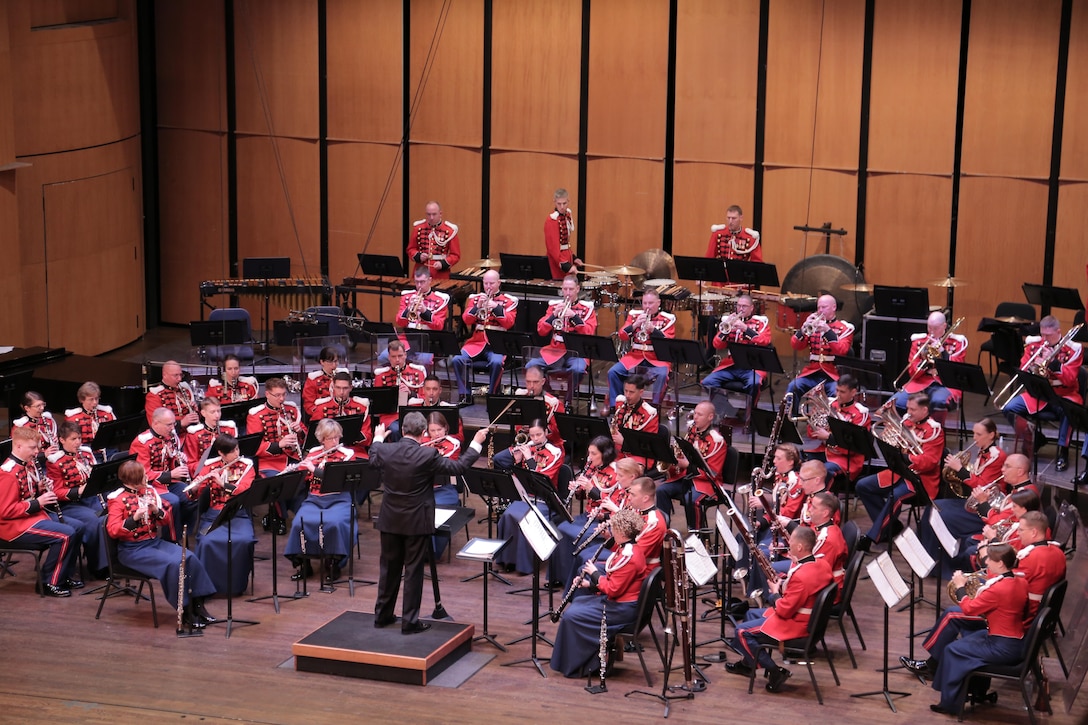 Guest conductor, composer, and former music director of the Seattle Symphony Gerard Schwarz conducted the Marine Band in a concert titled “Cornerstones” on Sunday, Feb. 26. The program celebrated some of the cornerstones of the band repertoire created over the past century. (U.S. Marine Corps photo by Gunnery Sgt. Rachel Ghadiali/released) 