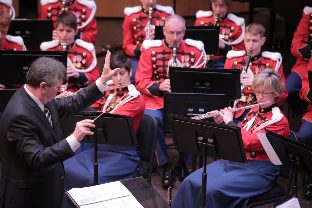 Guest conductor, composer, and former music director of the Seattle Symphony Gerard Schwarz conducted the Marine Band in a concert titled “Cornerstones” on Sunday, Feb. 26. The program celebrated some of the cornerstones of the band repertoire created over the past century. (U.S. Marine Corps photo by Gunnery Sgt. Rachel Ghadiali/released) 