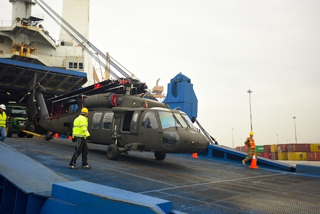 Eight UH-60 Black Hawk helicopters and more than 70 other pieces of equipment from the 10th Combat Aviation Brigade, based at Fort Drum, N.Y., arrived at the Port of Thessaloniki, Greece, Feb. 25, 2017, as part of a rotational force supporting Operation Atlantic Resolve. Army photo by Spc. Kelsey Little