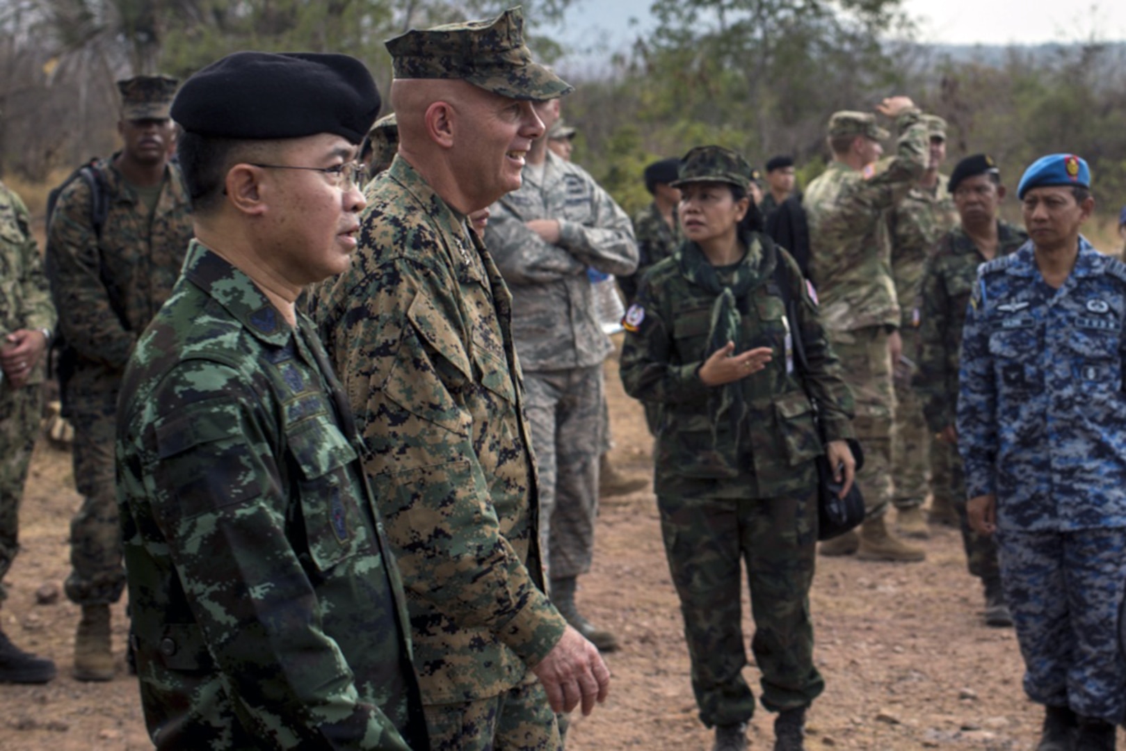 U.S. Marine Corps Lt. Gen. David M. Berger Marine Forces Pacific commanding general, speaks with General Surapong Suwana-ath, Chief of Defence Forces Royal Thai Armed Forces during a combined arms live fire exercise as part of Exercise Cobra Gold 17, in Phu Lam Yai, Nakhon Ratchasima, Thailand.  Cobra Gold is the largest Theater Security Cooperation exercise in the Indo-Asia-Pacific region and is an integral part of the U.S. commitment to strengthen engagement in the region.