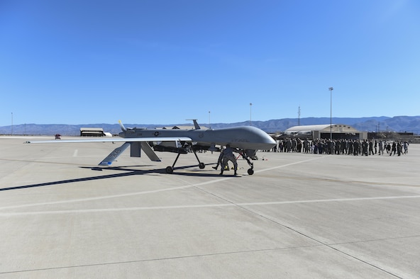 An MQ-1 Predator parks after its final flight Feb. 27, 2017 at Holloman Air Force N.M. The MQ-1 Predator is a multi-mission, medium-altitude, long-endurance remotely piloted aircraft that is employed primarily as an intelligence-collection asset and secondarily against dynamic execution targets. (U.S. Air Force Photo by Staff Sgt. Stacy Jonsgaard)