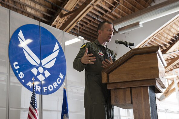 Col. Houston R. Cantwell, the 49th Wing Commander, speaks about the MQ-1 Predator during a ceremony at Holloman Air Force Base, N.M., Feb. 27, 2017. The MQ-1 Predator has provided many years of service and is being phased out of service as the Air Force transitions to the more capable MQ-9 Reaper. The MQ-1 Predator is an armed, multi-mission, medium-altitude, long-endurance remotely piloted aircraft that is employed primarily as an intelligence-collection asset and secondarily against dynamic execution targets. (U.S. Air Force photo by Airman Ilyana A. Escalona)