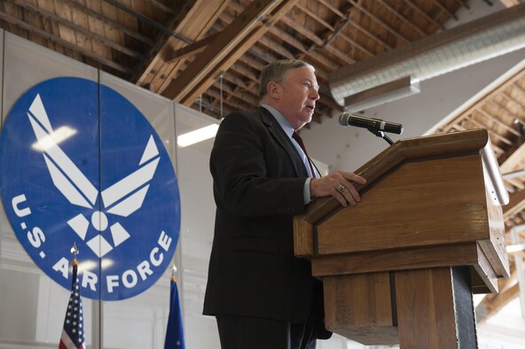 Mr. James G. Clark, the Director of Intelligence, Surveillance, and Reconnaissance Modernization and Infrastructure; Deputy Chief of Staff for ISR, speaks about the MQ-1 Predator during a ceremony at Holloman Air Force Base, N.M., Feb. 27, 2017. The MQ-1 Predator has provided many years of service and is being phased out of service as the Air Force transitions to the more capable MQ-9 Reaper. The MQ-1 Predator is an armed, multi-mission, medium-altitude, long-endurance remotely piloted aircraft that is employed primarily as an intelligence-collection asset and secondarily against dynamic execution targets.  (U.S. Air Force photo by Airman Ilyana A. Escalona)