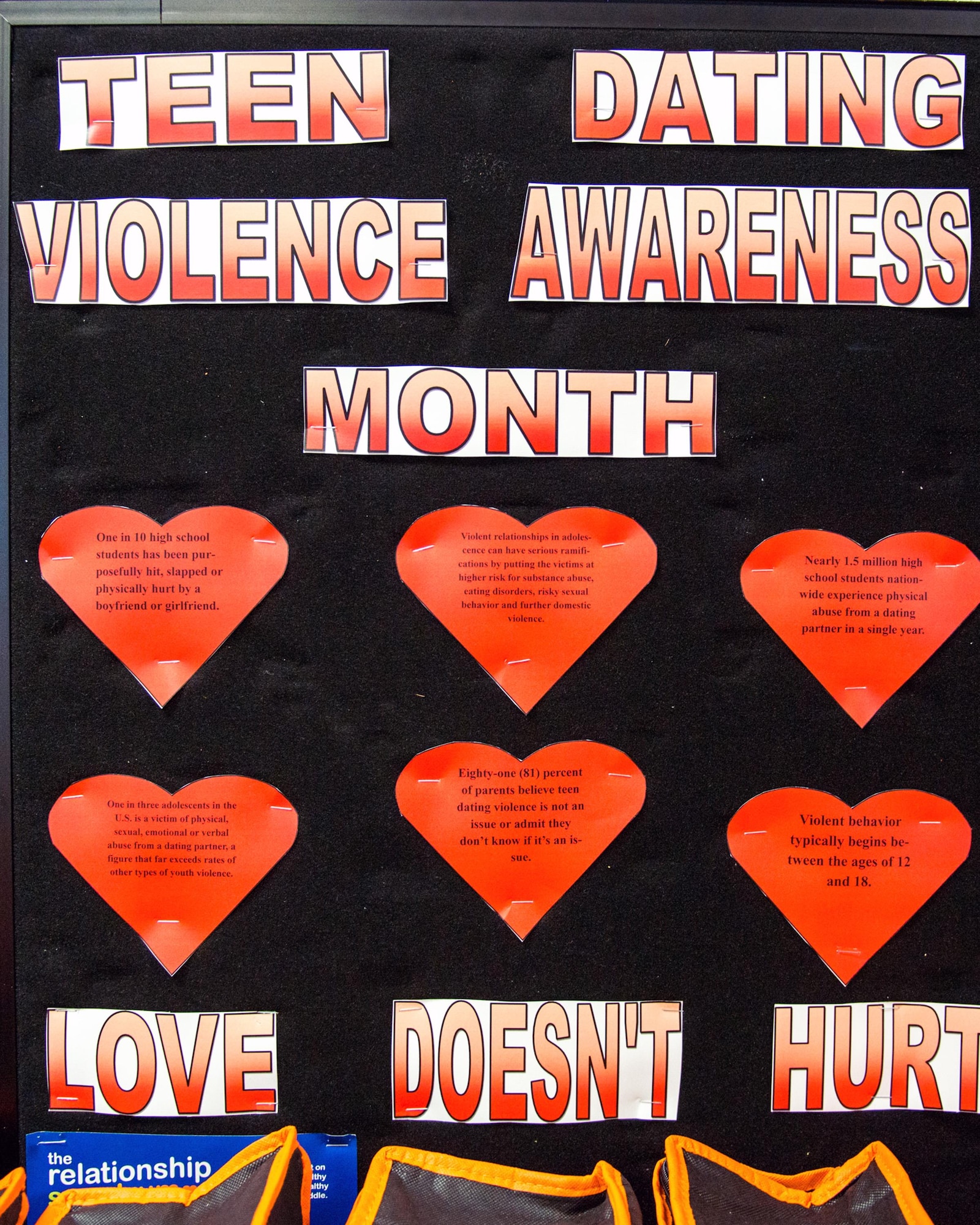 Teenagers from Travis Air Force Base, Calif., make a display at the Travis bowling center for an event Feb. 23, 2017. The event was sponsored by several organizations on base to highlight Teen Dating Violence Awareness Month. (U.S. Air Force photo/Louis Briscese)