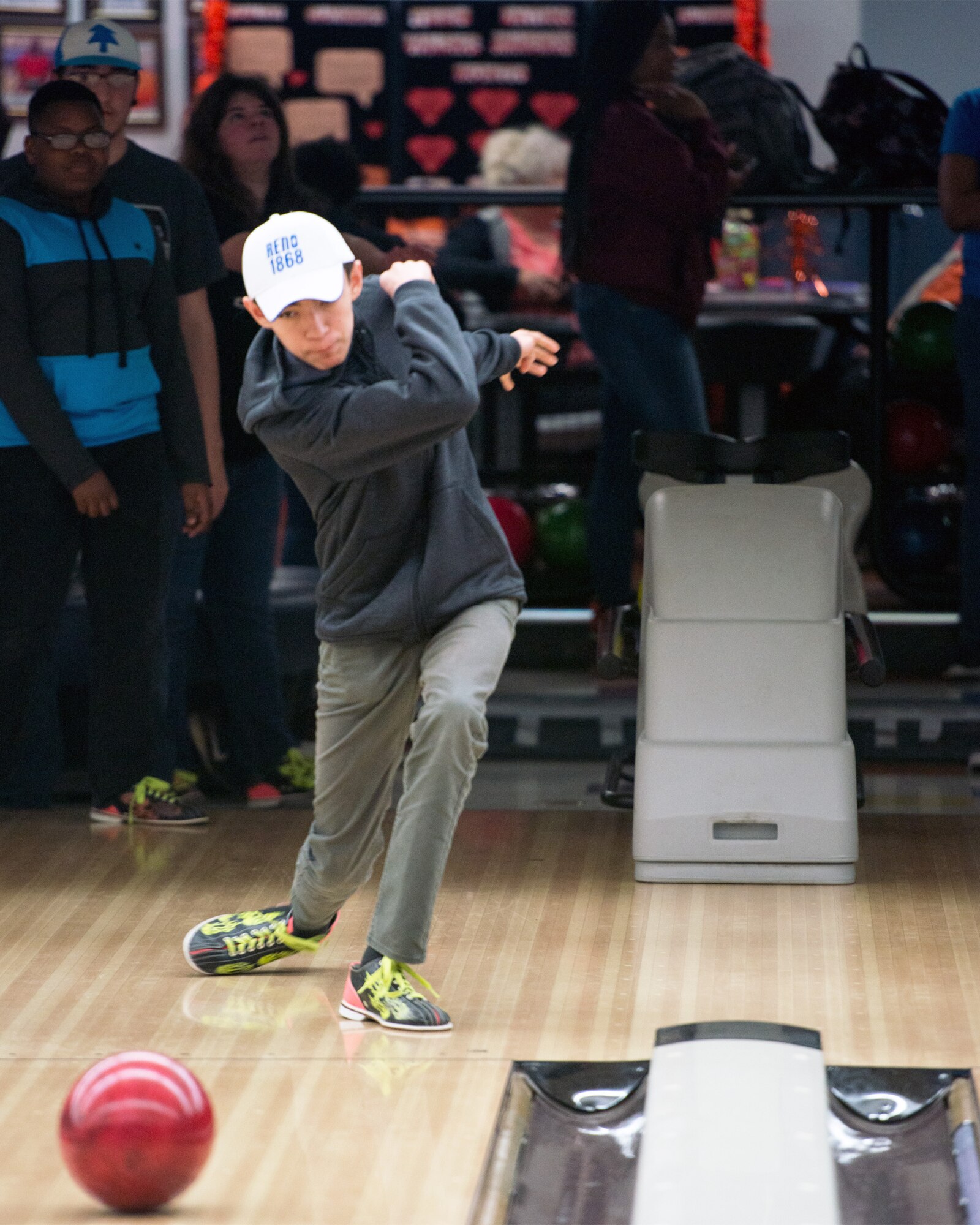 Michael Mondragon, a teenager from Travis Air Force Base, Calif., participates in a bowling event at the Travis bowling center, Feb. 23, 2017. The event was sponsored by several organizations on base to highlight Teen Dating Violence Awareness Month. (U.S. Air Force photo/Louis Briscese)