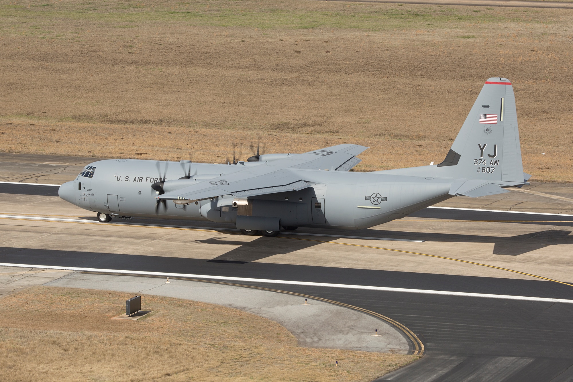 A C-130J Super Hercules taxies down the runway at the Lockheed Martin Aeronautics Company, Marietta, Ga., Feb. 24, 2017, before taking off for Japan. The aircraft is bound for Yokota Air Base, Japan, and is the first of Yokota’s C-130J projected deliveries. (Courtesy photo by David Key) 