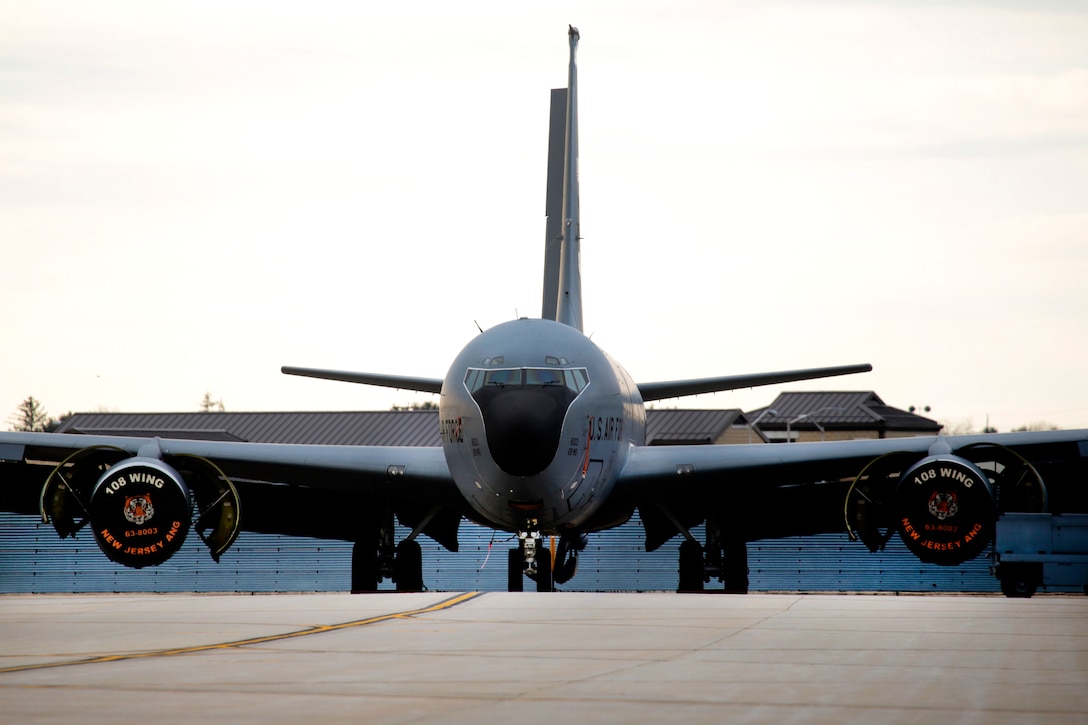 A KC-135 Stratotanker sits on the flightline awaiting maintenance at Joint Base McGuire-Dix-Lakehurst, N.J., Feb. 26, 2017. The aircraft is assigned to the New Jersey Air National Guard's 108th Wing. Air National Guard photo by Master Sgt. Matt Hecht