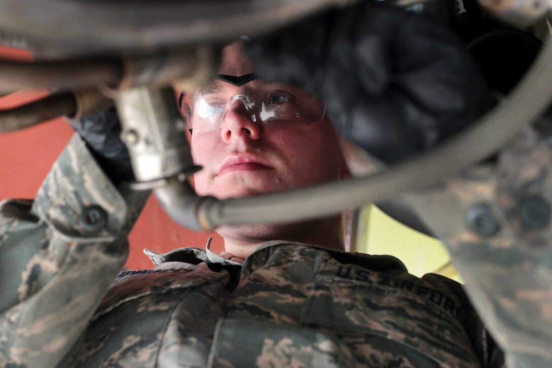 Air Force Airman First Class Joseph Lupinacci troubleshoots an F108 engine on a KC-135 Stratotanker at Joint Base McGuire-Dix-Lakehurst, N.J., Feb. 26, 2017. Lupinacci is an engine mechanic assigned to the New Jersey Air National Guard's 108th Wing. Air National Guard photo by Master Sgt. Matt Hecht 