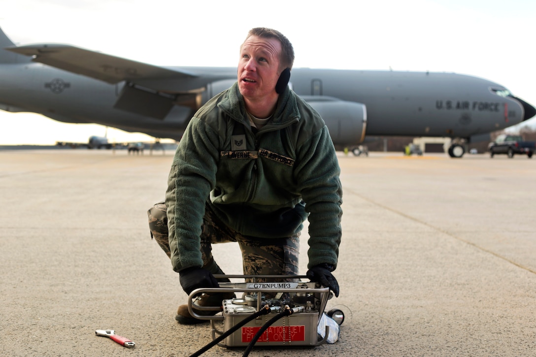 Air Force Staff Sgt. Travis Laverne operates test equipment while troubleshooting an F108 engine on a KC-135 Stratotanker at Joint Base McGuire-Dix-Lakehurst, N.J., Feb. 26, 2017. Laverne is an engine mechanic with the 108th Wing. Air National Guard photo by Master Sgt. Matt Hecht