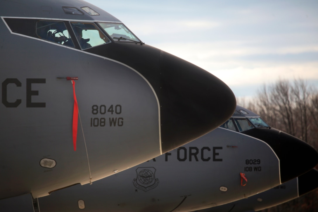 Three KC-135 Stratotankers sit on the flightline after airmen performed engine maintenance at Joint Base McGuire-Dix-Lakehurst, N.J., Feb. 26, 2017. Air National Guard photo by Master Sgt. Matt Hecht