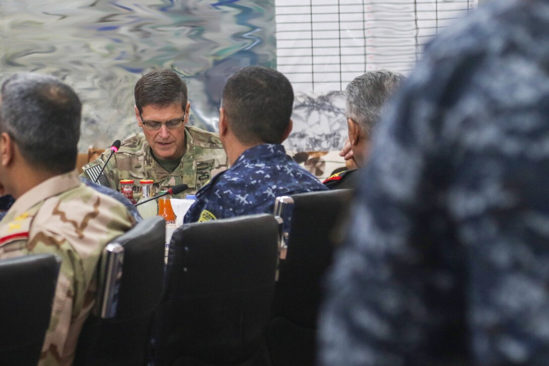 U.S. Army Gen. Joseph Votel, commanding general of U.S. Central Command, meets with partner and Coalition leaders during a visit at Hamam al-Alil, Iraq, Feb. 25, 2017. The breadth and diversity of partners supporting the Coalition demonstrate the global and unified nature of the endeavor to defeat ISIS. Combined Joint Task Force-Operation Inherent Resolve is the global Coalition to defeat ISIS in Iraq and Syria. (U.S. Army illustration by Staff Sgt. Jason Hull)