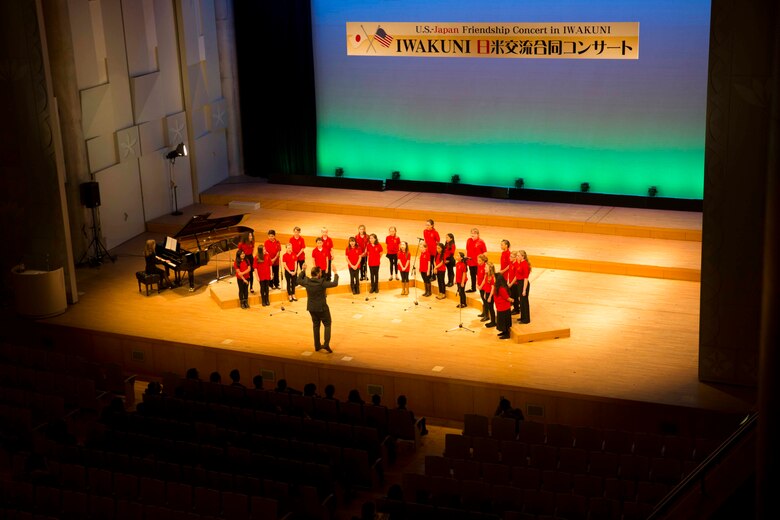 Students from Matthew C. Perry Elementary School perform at the 7th annual U.S.-Japan Friendship Concert at the Sinfonia Iwakuni Concert Hall in Iwakuni City, Japan, Feb. 25, 2017. The concert is a way for the student performers to experience different cultures and communicate with each other through music despite the language barrier. (U.S. Marine Corps photo by Lance Cpl. Gabriela Gracia-Herrera)