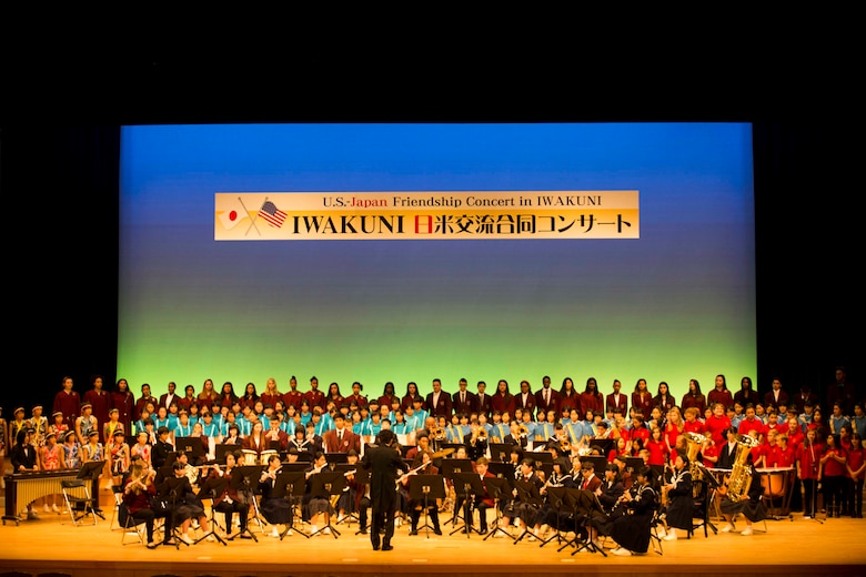 Matthew C. Perry Elementary and High school students perform with Japanese students from Yamaguchi and Hiroshima Prefecture during the finale of the 7th annual U.S.-Japan Friendship Concert at the Sinfonia Iwakuni Concert Hall in Iwakuni City, Japan, Feb. 25, 2017. The concert is a way for the student performers to experience different cultures and communicate with each other through music despite the language barrier. (U.S. Marine Corps photo by Lance Cpl. Gabriela Garcia-Herrera)