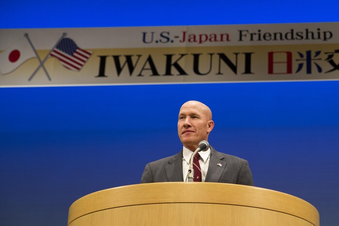 U.S. Marine Corps Col. Richard F. Fuerst gives a speech before the start of the 7th annual U.S.-Japan Friendship Concert at the Sinfonia Iwakuni Concert Hall in Iwakuni City, Japan, Feb. 25, 2017. The concert is a way for the student performers to experience different cultures and communicate with each other through music despite the language barrier. (U.S. Marine Corps photo by Lance Cpl. Carlos Jimenez)