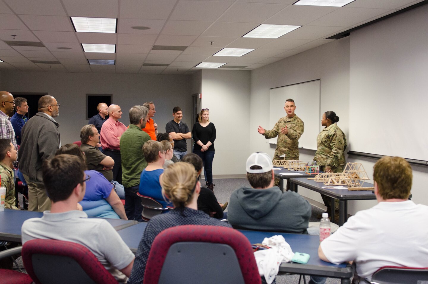 TAM Commander COL Patrick Kinsman and Deputy Commander LTC Taneha Carter  kick off the bridge judging portion of the National Engineers Week Bridge Building Competition, Feb. 24. 