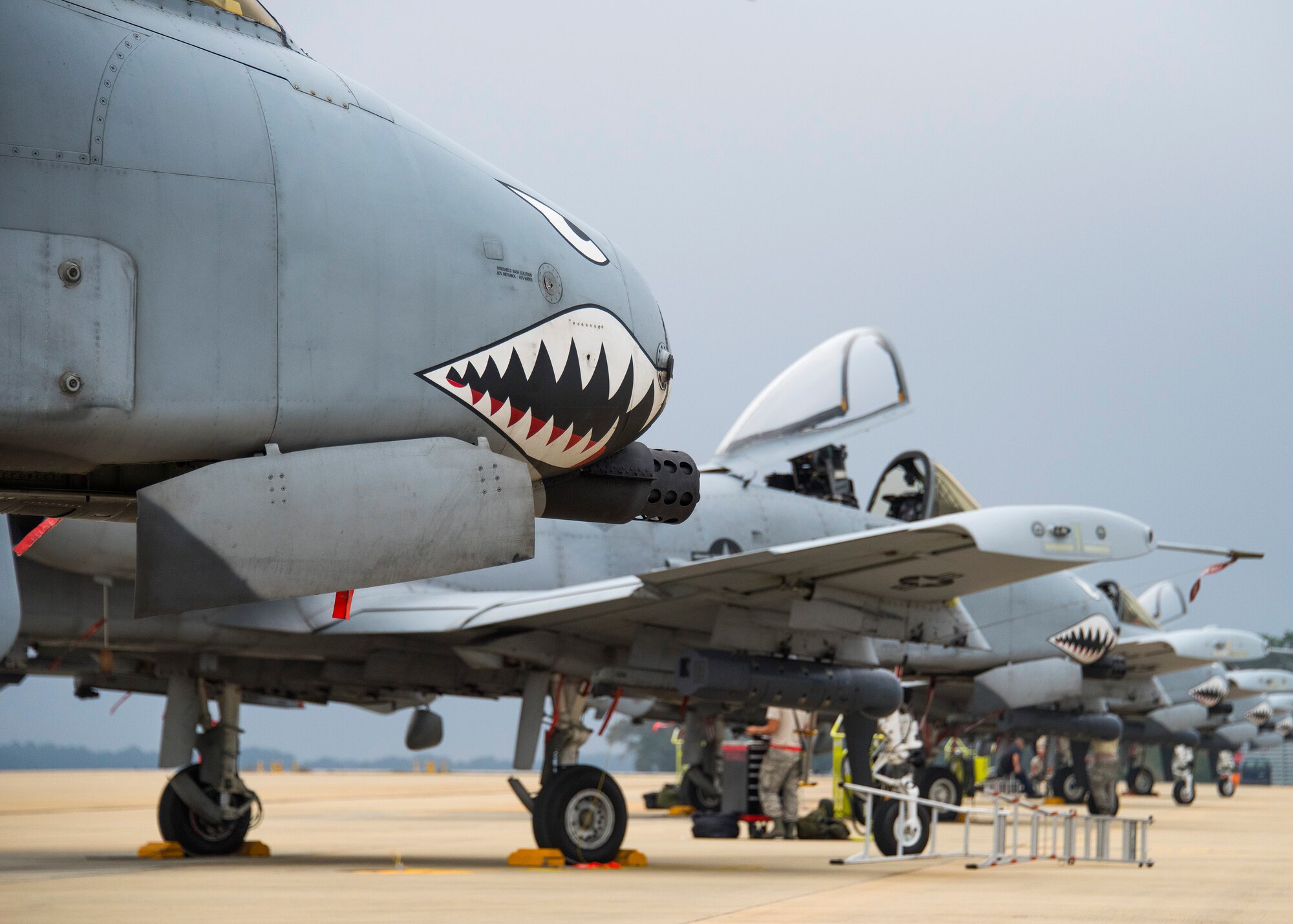 A-10 Thunderbolt IIs with the 74th Fighter Squadron from Moody Air Force Base, Ga., line the runway to receive fuel and maintenance Feb. 7 during Combat Hammer.   The 86th Fighter Weapons Squadron’s Combat Hammer is a weapons system evaluation program at Eglin Air Force Base, Fla. (U.S. Air Force photo/Ilka Cole)