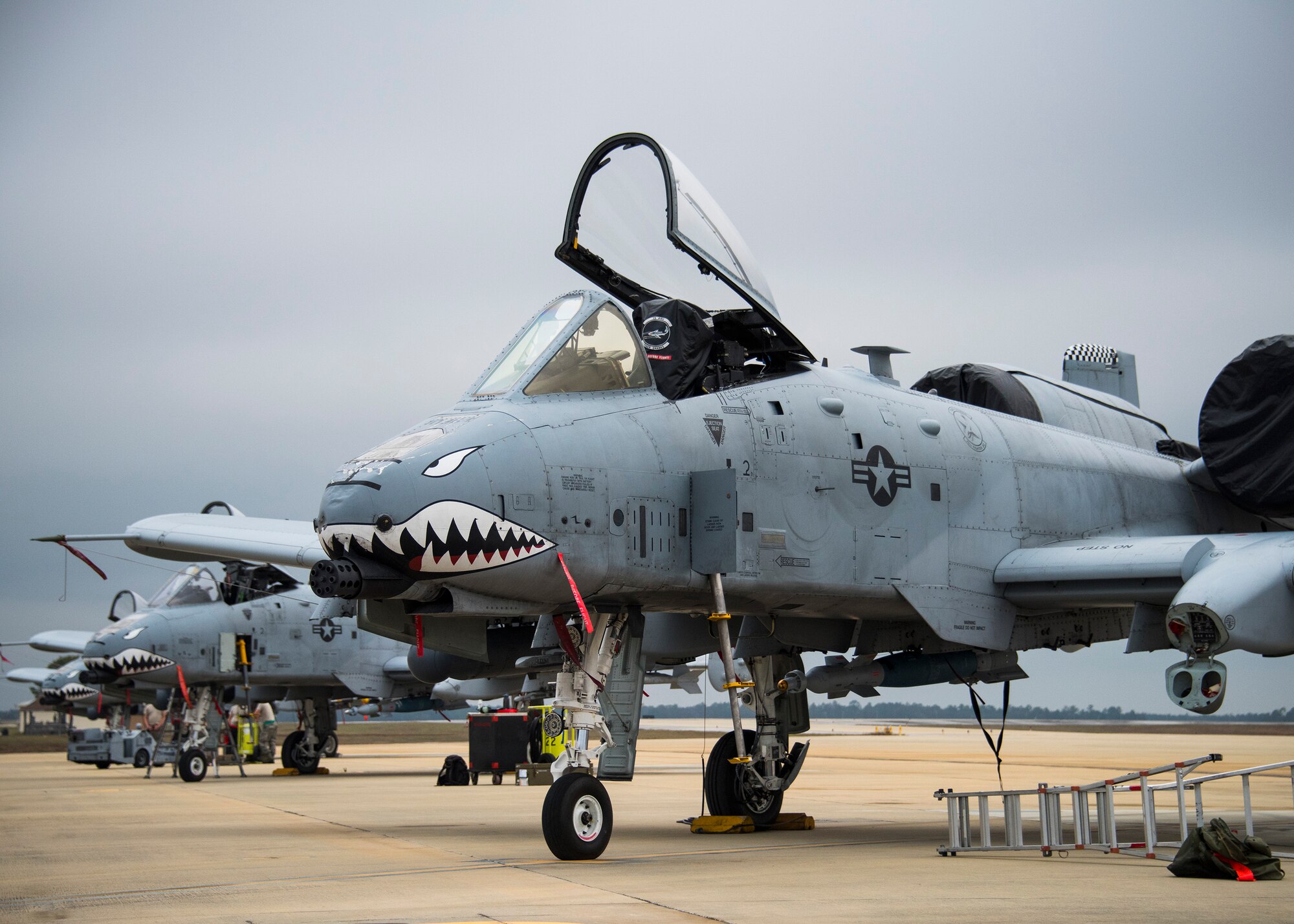 A-10 Thunderbolt IIs with the 74th Fighter Squadron from Moody Air Force Base, Ga., line the runway to receive fuel and maintenance Feb. 7 during Combat Hammer.   The 86th Fighter Weapons Squadron’s Combat Hammer is a weapons system evaluation program at Eglin Air Force Base, Fla. (U.S. Air Force photo/Ilka Cole)