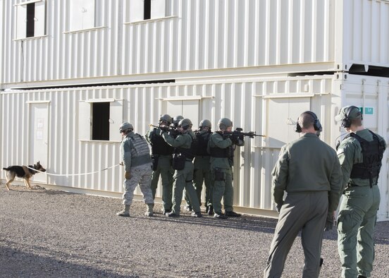The 366th Security Forces Emergency Services Team conducts a training demonstration for Lt. Gen. Mark Kelly, 12th Air Force (Air Forces Southern) Commander, Feb. 24, 2017, at Mountain Home Air Force Base, Idaho. Onlookers viewed EST members breaching several structures and a military working dog running down a fleeing enemy. (U.S. Air Force photo by Airman Jeremy D. Wolff/Released)
