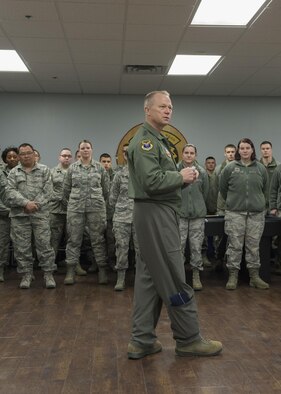 Lt. Gen. Mark Kelly, 12th Air Force (Air Forces Southern) Commander, addresses airmen at the 726th Air Control Squadron Feb. 23, 2017, at Mountain Home Air Force Base, Idaho. Kelly spent the morning touring the 726th ACS and seeing the everyday functions of the squadron. (U.S. Air Force photo by Airman Jeremy D. Wolff/Released)