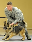 Senior Airman Dakota Willis, 5th Security Forces Squadron military working dog handler, holds Cyndy, MWD, back as she prepares to apprehend another MWD handler in a bite suit at Minot Air Force Base, N.D., Feb. 23, 2017. Trainers wear bite suits to help realistically train MWDs. (U.S. Air Force photo/Senior Airman Kristoffer Kaubisch)