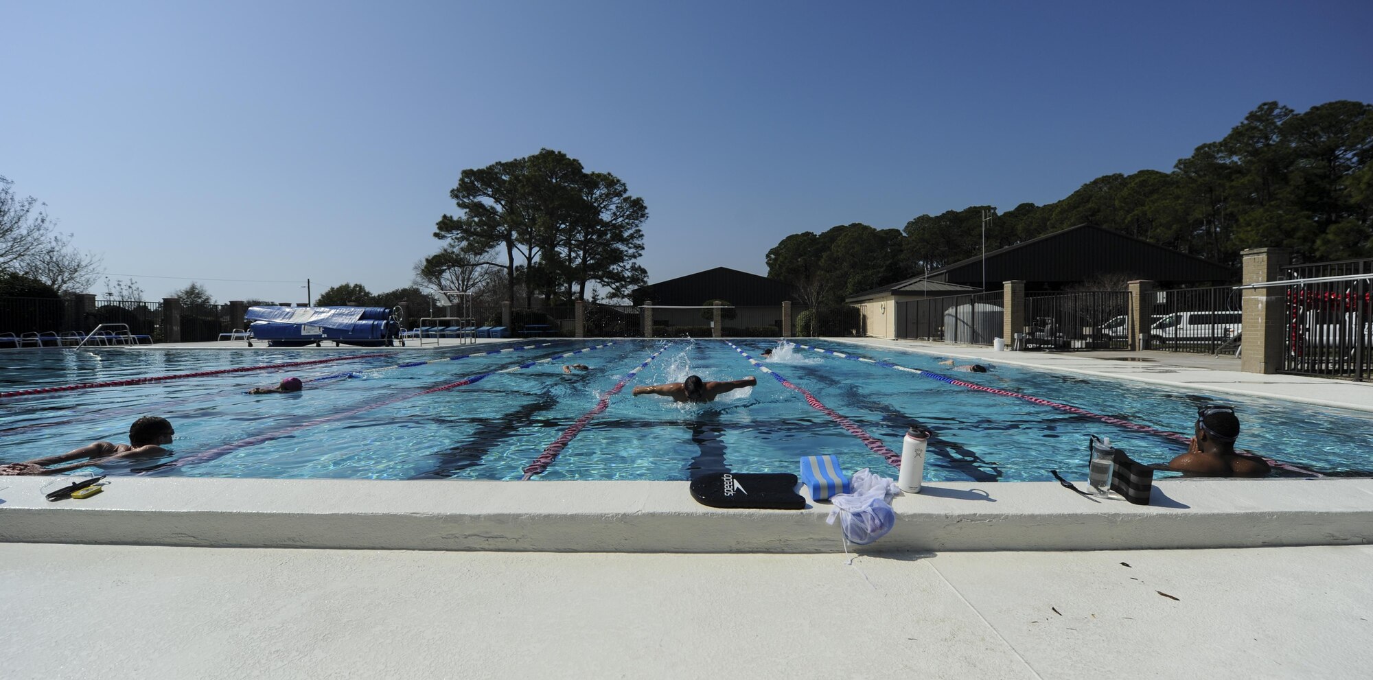 Air Commandos use the aquatic center pool at Hurlburt Field, Fla., Feb. 14, 2017. Hurlburt Field’s Aquatic Center pool deck and bathrooms were recently renovated and a handicap lift was added to provide a safer environment for all pool members. (U.S. Air Force photo by Airman 1st Class Dennis Spain)