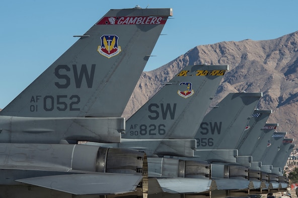 F-16C Fighting Falcons assigned to the 20th Fighter Wing, Shaw Air Force Base, S.C., sit on the flightline after arriving at Red Flag 17-2 at Nellis Air Force Base, Nev., Feb. 24, 2017. Red Flag is a realistic combat exercise involving U.S. and allied air forces conducting training operations on the 15,000 square mile Nevada Test and Training Range. (U.S. Air Force photo/ Senior Airman Zade Vadnais)