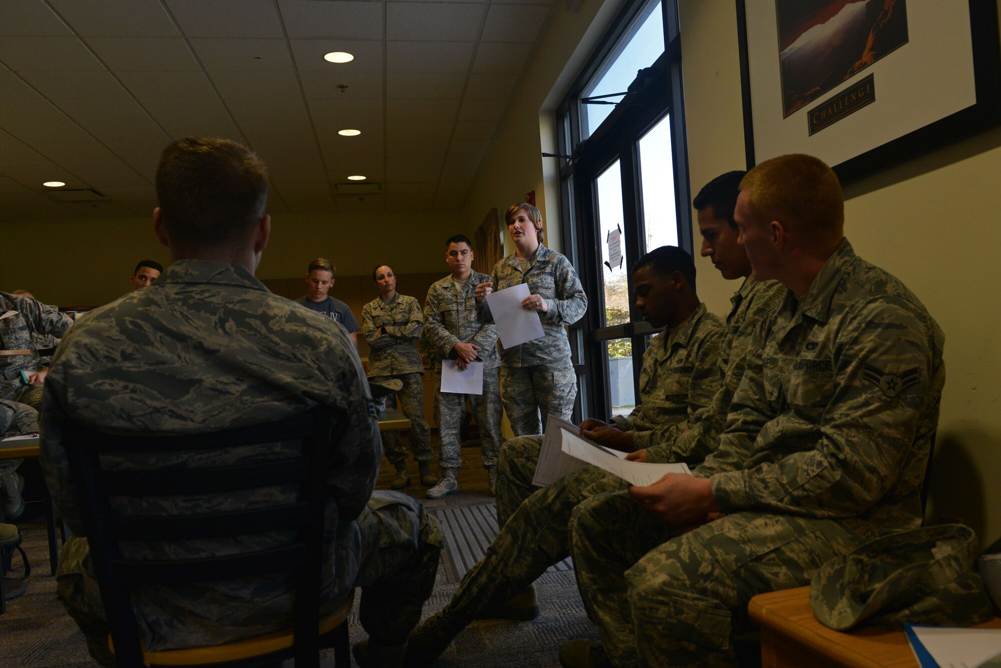 U.S. Air Force Senior Airman Moriah Garber, 20th Logistics Readiness Squadron commander support staff personnelist, speaks to Airmen during a Shaw Rising Four meeting about making senior airman below-the-zone at Shaw Air Force Base, S.C., Feb. 23, 2017. Garber and Senior Airman Andrea Raudales, 609th Air Communications Squadron commander support staff personnelist, previously treasurer and vice president of the Shaw Rising Four, are now the organization’s Shaw 5/6 mentors. (U.S. Air Force photo by Airman 1st Class Destinee Sweeney)