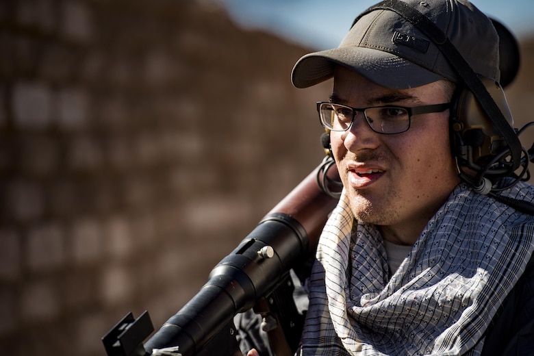 Staff Sgt. Nathan Franey, 563d Operations Support Squadron, acts as an oppositional force member, Feb. 22, 2017, at the Playas Training and Research Center, N.M. OPFOR is a role designed to simulate downrange threats and complicate training objectives with the ultimate goal of creating a realistic training environment for units preparing to deploy. Airmen from the 563d OSS fill this role in support of numerous joint exercises each year utilizing aircraft-threat emittors, vehicle-mounted simulation weapons and waves of ground troops. (U.S. Air Force photo by Staff Sgt. Ryan Callaghan)